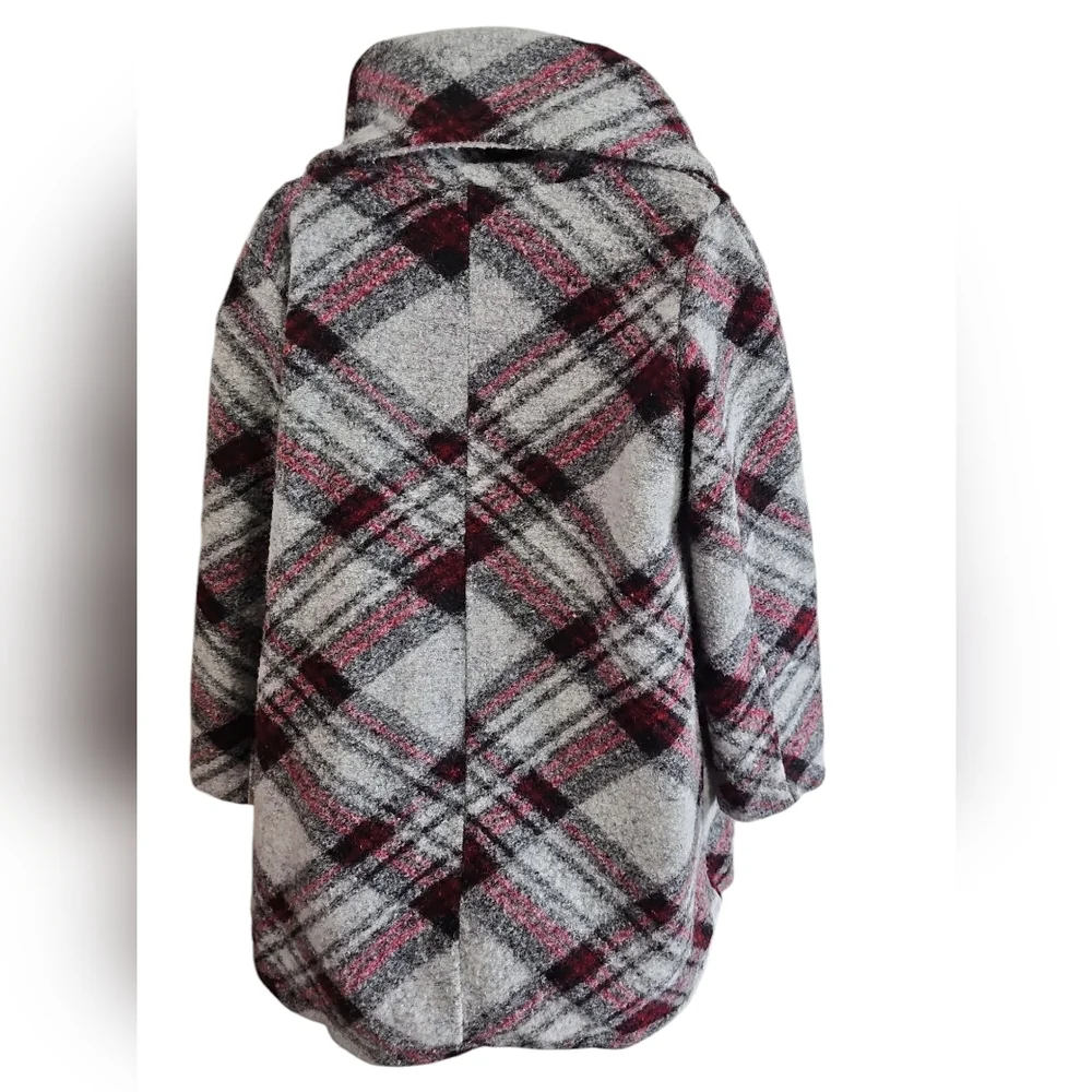 New Collection Italy Women M Red Plaid Wool Blend Coat Mod Oversized Collar Rare - Picture 3 of 7